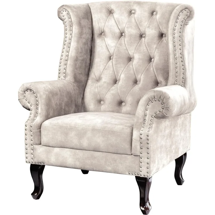 riess-ambiente Ohrensessel CHESTERFIELD 105cm champagner beige/silber- Samt, Ziernieten, Steppung (Einzelartikel, 1-St), gepolsterter Lesessel im Chesterfield-Design - ideal für Wohnzimmer