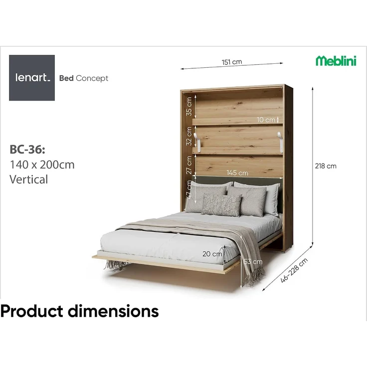 MEBLINI Elektrisches Schrankbett BC-36 - 140x200cm Vertikal - Artisan Eiche - Kopfteil Grün ohne Matratze - Wandbett mit Lattenrost und Kopfteil - Wandklappbett – Bild 3