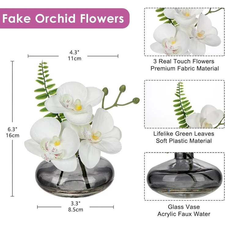 Künstliche Orchideen Kunstblumen 3er Set mit Glasvase Wohnzimmer Deko – Bild 2