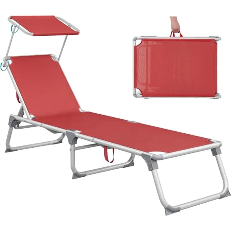 SONGMICS Sonnenliege, klappbarer Liegestuhl, 193 x 55 x 31 cm, max. Belastbarkeit 150 kg, mit Sonnenschutz, verstellbare Rückenlehne, für Terrasse Pool Garten, rot GCB19RD – Bild 2