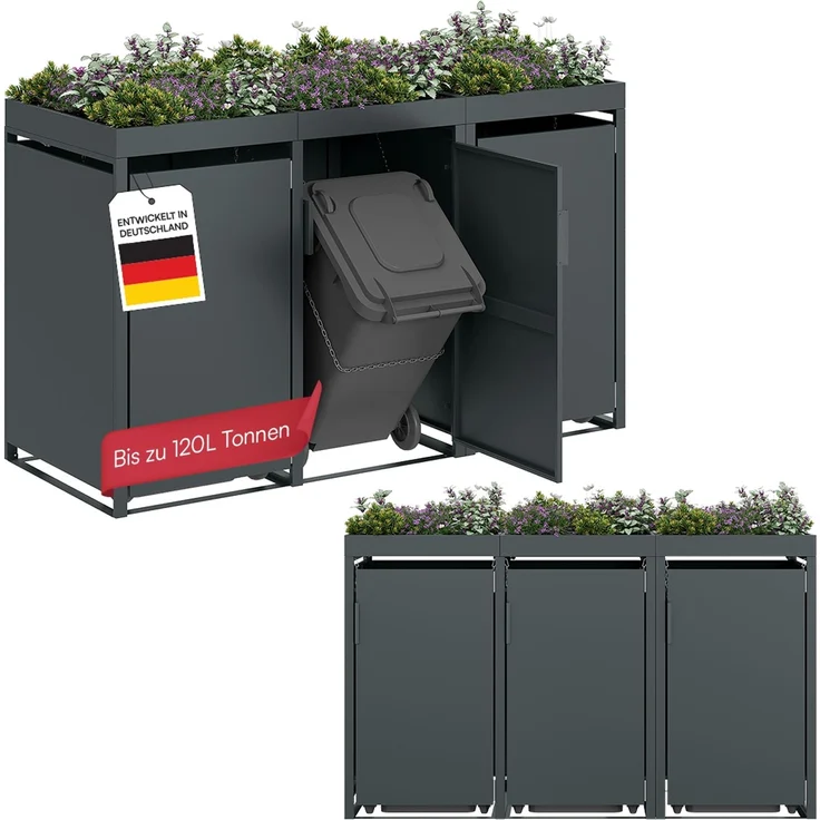 STEELSØN 'Thoria' Mülltonnenbox 3er je 120 Liter, anthrazit, Mülltonnenverkleidung aus Stahl, wetterfest, 111x62x177,5 cm, Müllbox mit Pflanzendach für 3 Tonnen – Bild 1