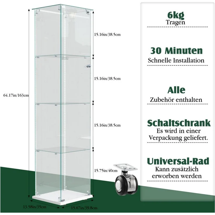 Simurq Glasvitrine Standvitrine mit Glastüren, Vitrine Glas mit LED, Vitrinenschrank (Eckglasanzeigeschrank, Sammlervitrine,Rahmenloses Design) Eckglasanzeigeschrank, Sammlervitrine, Rahmenloses Design – Bild 2
