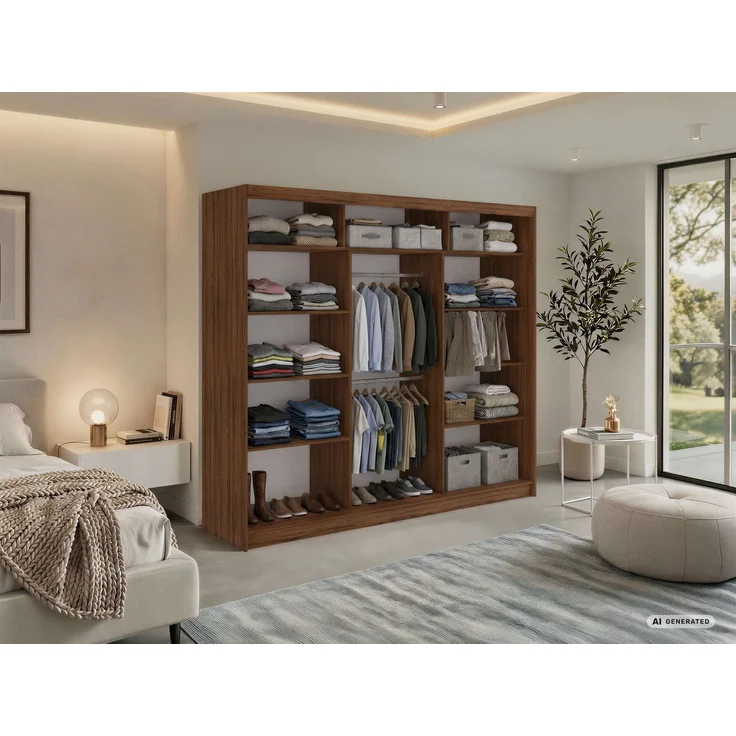 Schwebetürenschrank NAURU mit Lamellen-Optik, moderner Kleiderschrank, Breite 240 cm, inkl. Innenausstattung & Stauraum, Akustikpaneel-Design - Warmia-Nuss und Schwarz – Bild 3