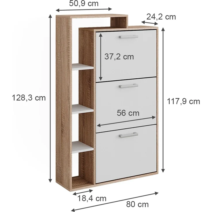 Schuhkommode Orlando Weiß/Sonoma 80 x 128.3 cm mit 3 Fächern Vicco – Bild 3