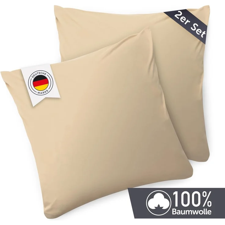 Blumtal Kissenbezug 80x80 cm (2er Set Kissenbezüge) - Beige - 100% Baumwoll-Jersey, Oeko-Tex Zertifiziert, Kissenhülle 80x80 - Jersey Kopfkissenbezug für Kissen 80x80 cm mit Reißverschluss – Bild 2