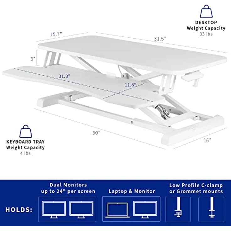 VIVO 32 Zoll Stehpult-Konverter, höhenverstellbarer Aufsatz, Sitz-Steh-Arbeitsplatz für Zwei Monitore und Laptop mit breiter Tastaturablage, Weiß, DESK-V000KW – Bild 4