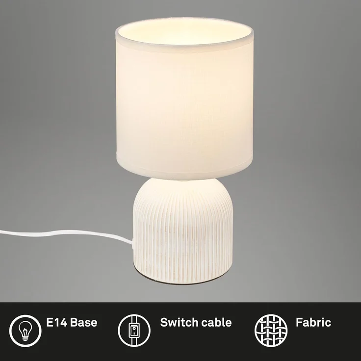 BRILONER - Tischlampe mit Stoffschirm, Kabelschalter, Keramikfuß, Lampe, Nachttischlampe, Tischleuchte, Dekolampe Flur, Bürolampe, Leselampe, Wohnzimmer, Schlafzimmer, 15x28 cm (DxH), Weiß – Bild 2