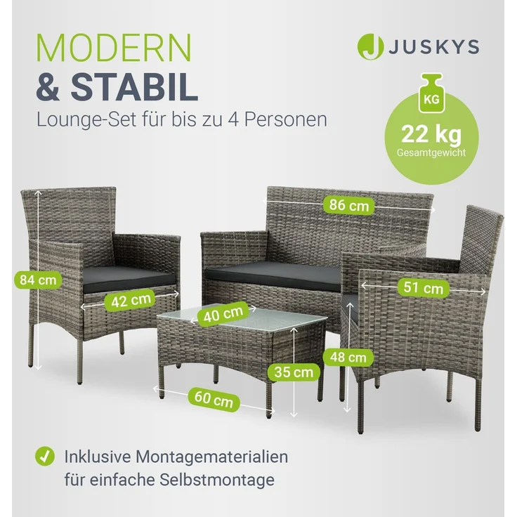 Juskys 'Fort Myers' Gartenmöbel Set mit Tisch, Sofa & 2 Stühlen, Polyrattan, 60x35 cm, Grau-meliert / Grau – Bild 6