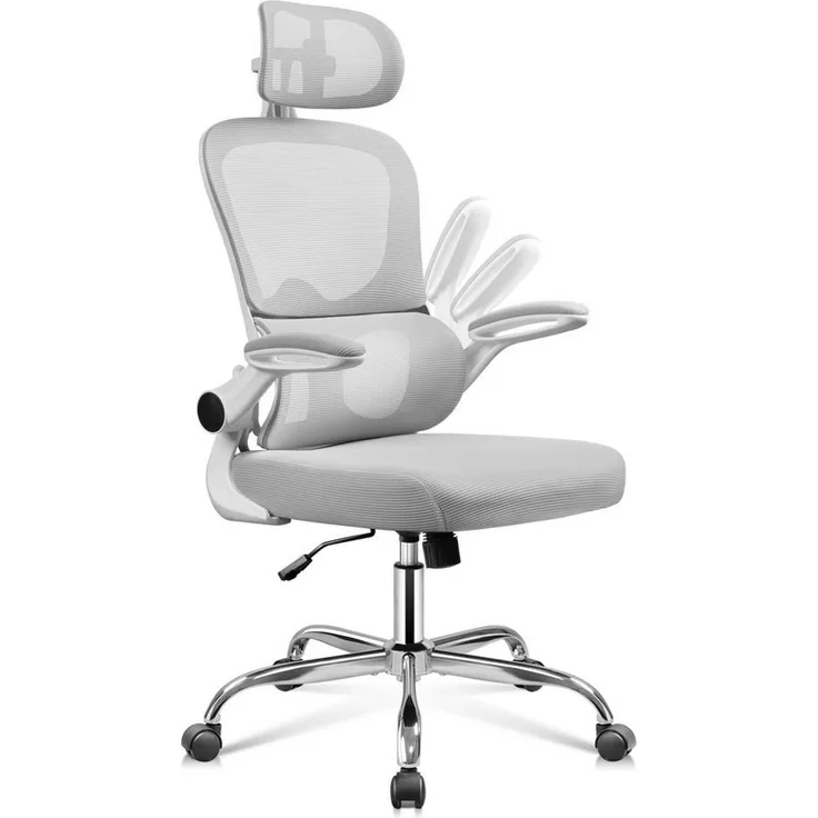 DEVAISE Bürostuhl Ergonomischer Drehstuhl mit 3D-Kopfstütze, Lordosenstütze (90° klappbaren Armlehnen), Mesh-Rücken, Wippmechanik 90–125°, bis 136 kg
