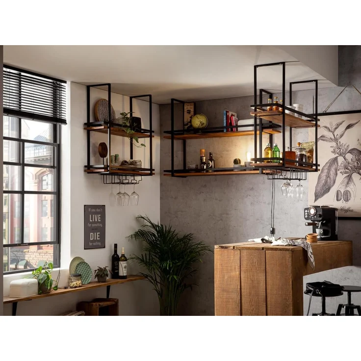 Hängeregal massivum Aro 120 cm Metall Holz braun Deckenregal mit Glashalter Küchenregal Barregal Industrial Design 120x80x25 cm – Bild 6