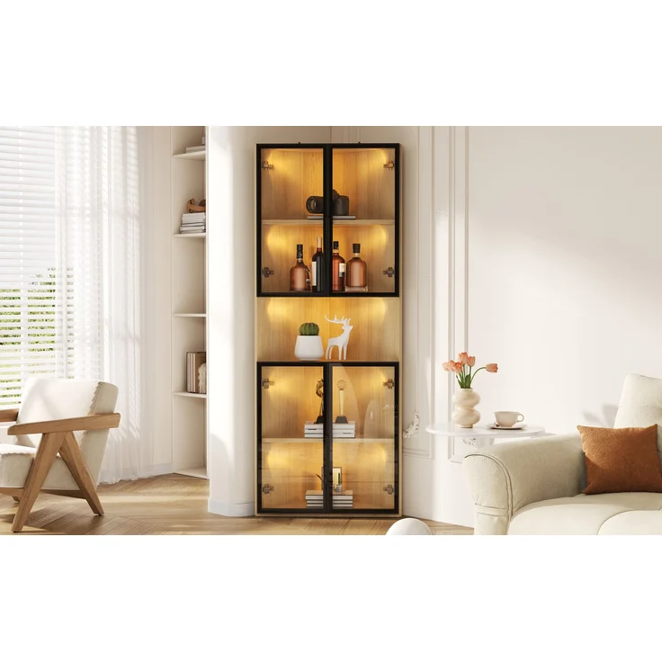 ZUBALIYA LED-Glasvitrine 62x32x160cm – Außenseite aus Eiche, integrierte Lichtleiste, staubdichter Schrank aus gehärtetem Glas, Eckvitrine mit Tür – Sammlungsvitrine, Bücherregal, Weinschrank,Badezimmerschrank – Bild 20