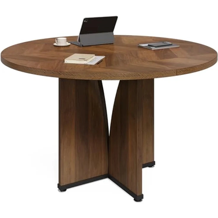 LITTLE TREE Kleiner Konferenztisch (99 cm) für 4 Personen, runder Besprechungstisch mit X-förmigem Fußgestell, für Büro, Konferenzraum, kleine Räume, Dunkelbraun – Bild 8