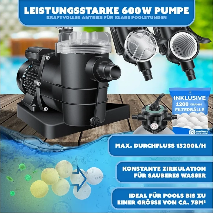 KESSER Sandfilteranlage 600W Sandfilter für Pools 13200L/h Durchfluss Poolfilter 7-Wege Ventil (Filteranlage mit Pumpe, 1200g Filterbälle Druckmanometer, Abdeckung), Tankvolumen für bis 30kg Sand Professionelle Poolwasserfilterung – Bild 3