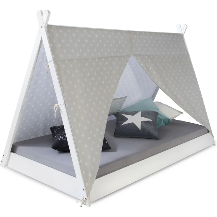 Kinderbett TIPI 90x200 Jugendbett weiß grau Holzbett Kinderzimmer Stoff – Bild 1