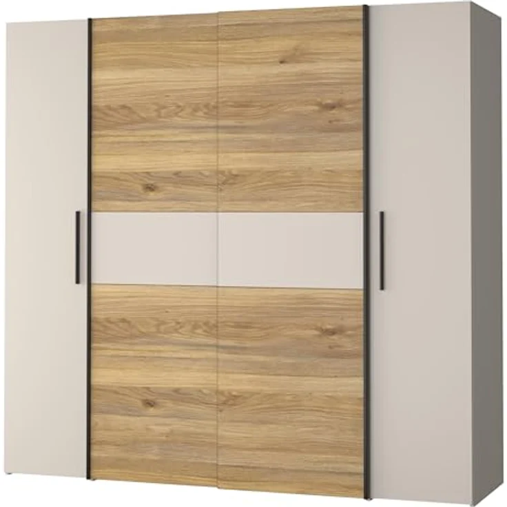 Forte KALIXTUS Kleiderschrank 200, moderner Dreh-/Schwebetürenschrank, 4-türig, geräumig, Holzwerkstoff, Eiche Holzdekor/Kaschmir Beige, 200,1 cm breit x 190,5 cm hoch x 61,2 cm tief – Bild 9