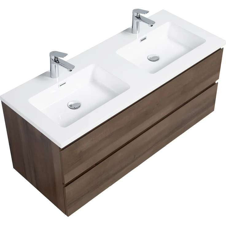 Badplaats Badmöbel Set mit Waschbecken und Unterschrank Angela 120 x 48 cm Braun Eiche - Waschbeckenunterschrank mit Soft-Close und Doppelwaschbecken, Vorgemontiert – Bild 3