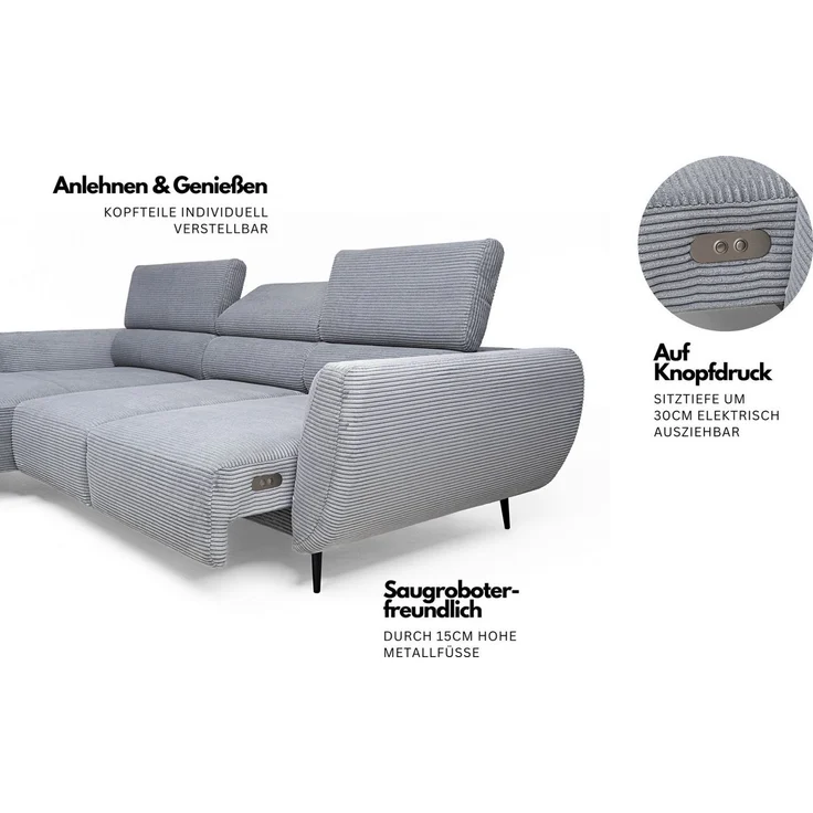 WERK2 Ecksofa Alisson 277 x 174 cm modern und bequem, Luxus-Microfaser weich, L-Form, XXL, elektrische Sitztiefenverstellung – Bild 3