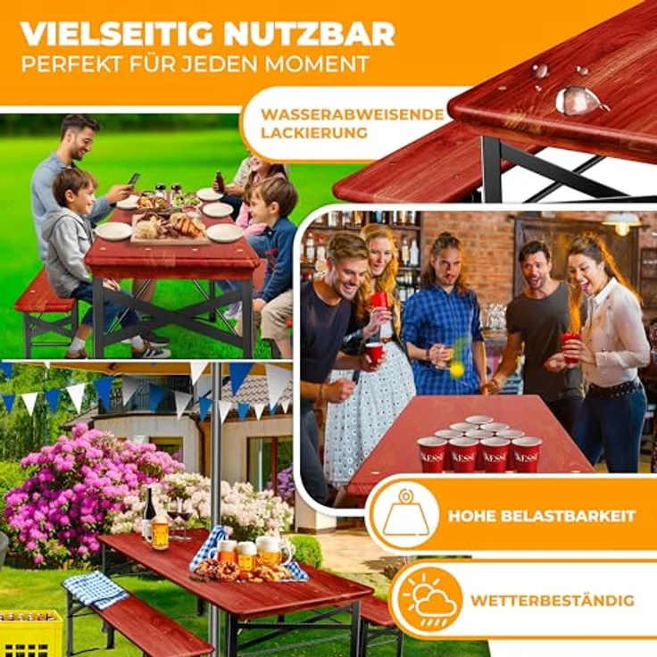 KESSER® Bierzeltgarnitur 3 teilig Gartenmöbel-Set | Klappbar 170 x 46 x 75 cm | 2X Bierbänke 1x Biertisch | Festzeltgarnitur Biertisch Stehtisch Sitzgarnitur Holz 12x Bodenschoner – Bild 5