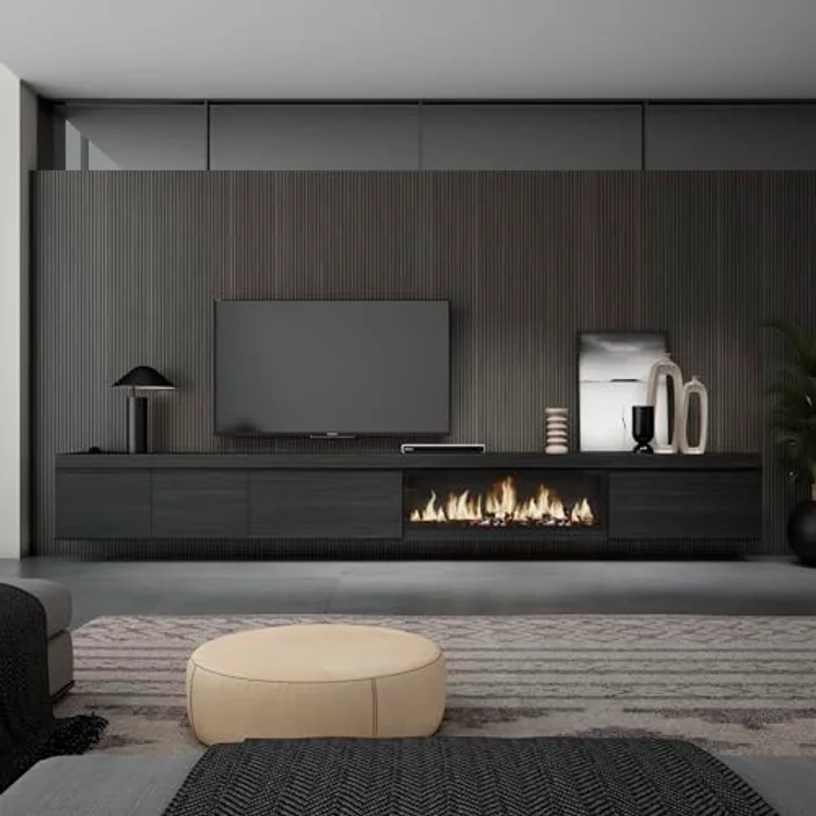 Skraut Home | TV-Schrank, Lowboard | für Wohnzimmer und Esszimmer | 368 x 45 x 35 | Elektrokamin XXL | Hängend | Moderner Stil | Schwarz – Bild 3