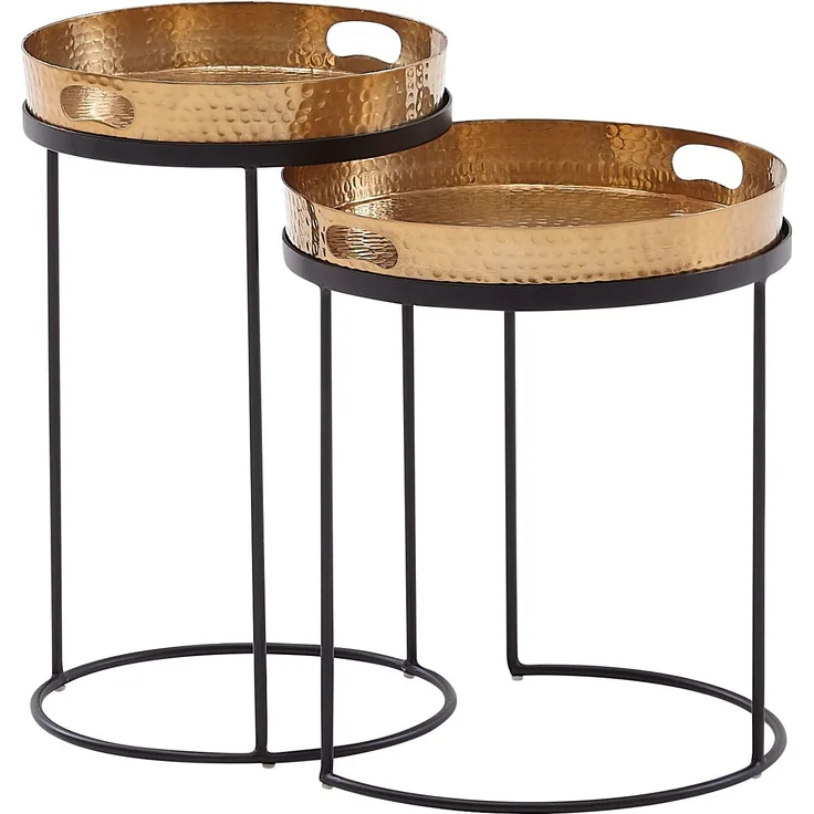 Beistelltisch 2er Set Rund Gold Schwarz Metall Hammerschlag abnehmbares Tablett Modern