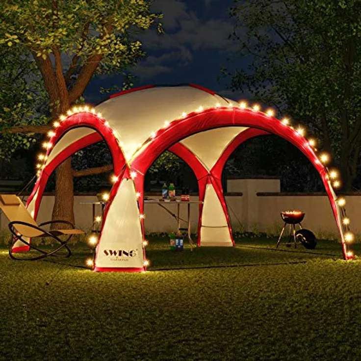 Swing & Harmonie LED Event Pavillon DomeShelter 3,6 x 3,6m mit Solarmodul, 96 LED-Beleuchtung, inkl. 4 Moskito-Netz- und 2 blickdichten Seitenwänden, rot