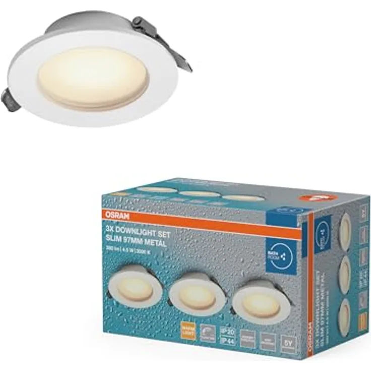 Osram Essential LED Einbaustrahler IP44, 4,5W 240lm dimmbar, 3er Set Badezimmer Downlight, warmweiß 3000K, Metallgehäuse