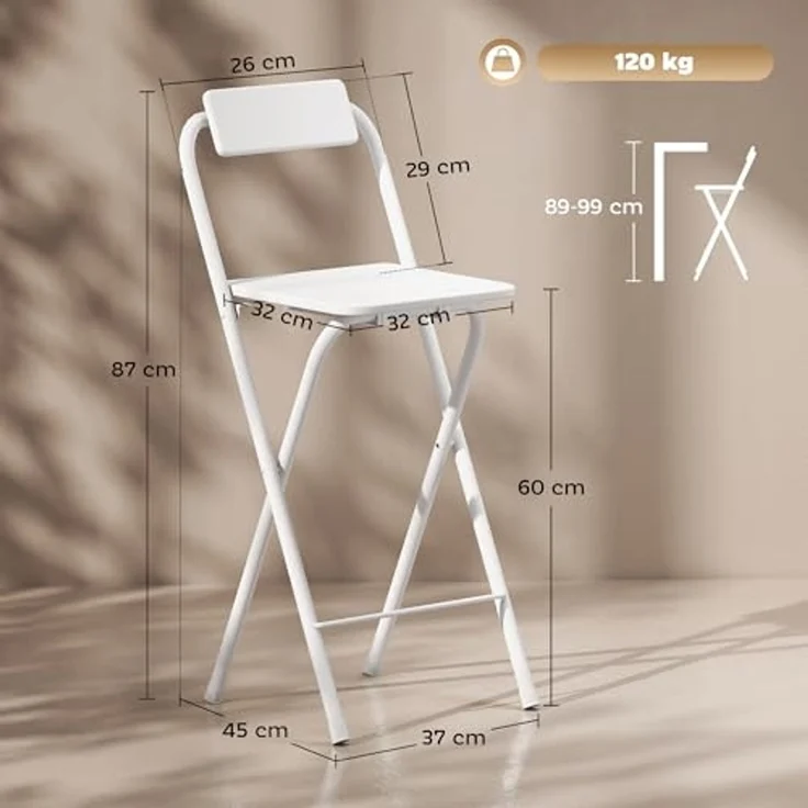 HOMCOM Barhocker mit Stahlgestell, Lehne, Fußstütze (Tresenhocker, 2 St, Klappbar Barstuhl), für Küche, Wohnzimmer, Esszimmer Weiß – Bild 3