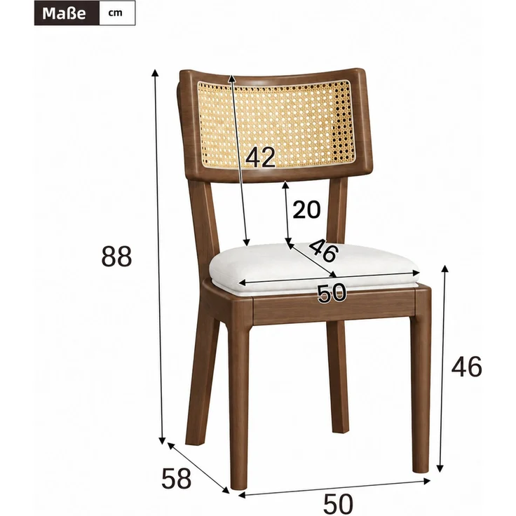 Esszimmerstühle, Massivholz mit Rattan-Rückenlehne, Set aus 2, 50x58x88 cm, Walnuss – Bild 3