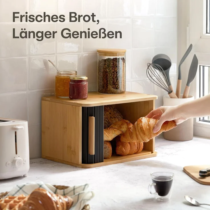 Praknu Brotkasten Brotkasten klein aus FSC® Holz mit Schiebetür - Brotaufbewahrung, Bambus, FSC® Holz - Platzsparend und stilvolle Brotbox für längere Frische – Bild 3