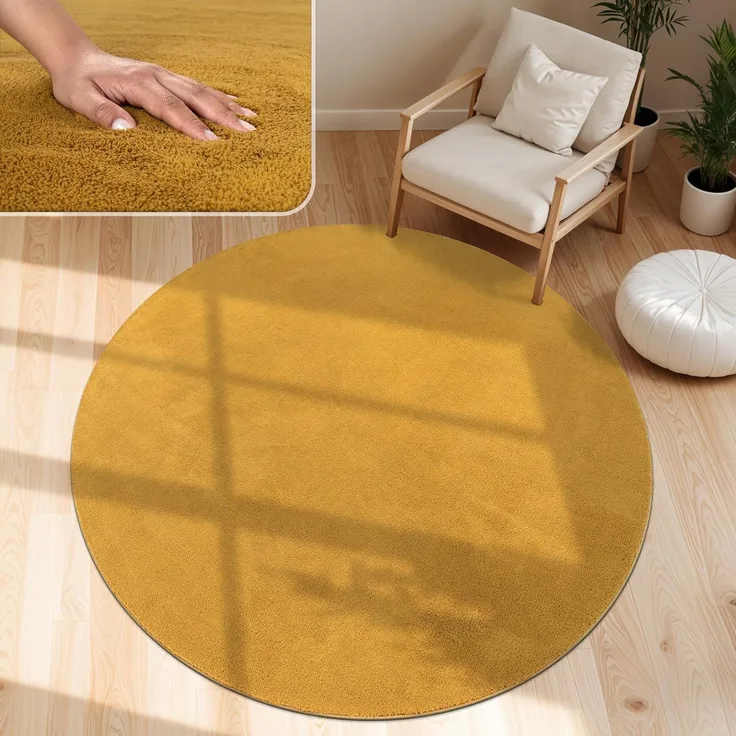 Paco Home Waschbarer Teppich Wohnzimmer Schlafzimmer Kurzflor rutschfest Flauschig Weich Moderne Einfarbige Muster, Grösse:120 cm Rund, Farbe:Gelb
