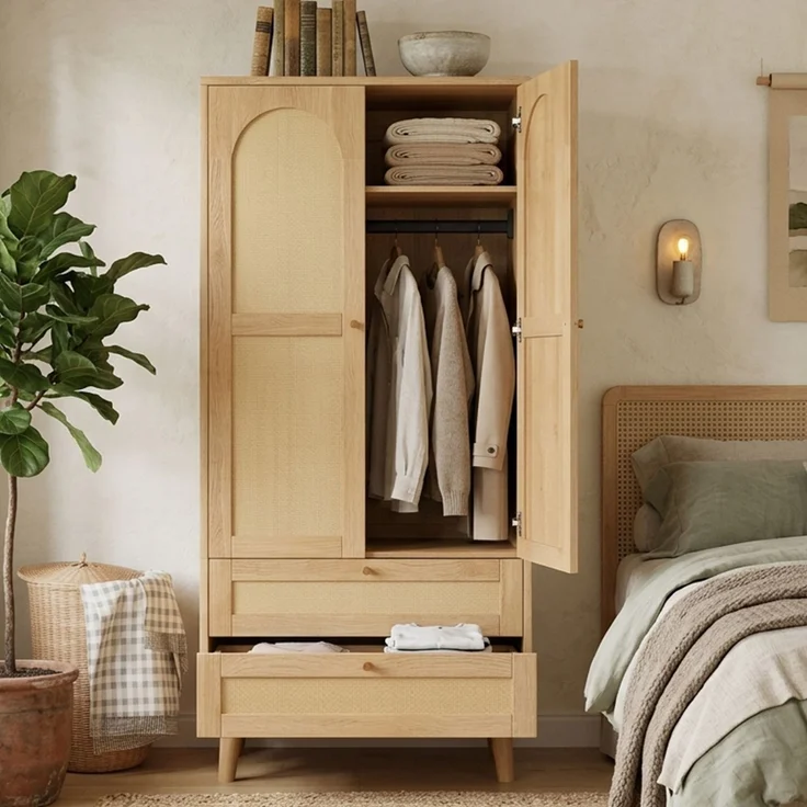 Kleiderschrank in Naturholz-Optik, Mehrzweckschrank mit Rattan-Design, Kleiderstange, Ablagefächern und 2 Schubladen, moderner Garderobenschrank für Schlafzimmer, Flur und Ankleidezimmer--Natürlich--80x50x180cm--YOUDENOVA – Bild 4