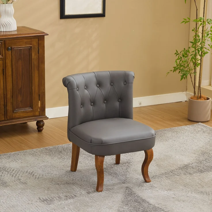 Echtleder Sessel, Loungesessel Wohnzimmer,Kautschukholz Massivholz, Einzelstuhl,Pull-Point Knöpfe, Esszimmerstuhl,bis 150 kg,Grau – Bild 4