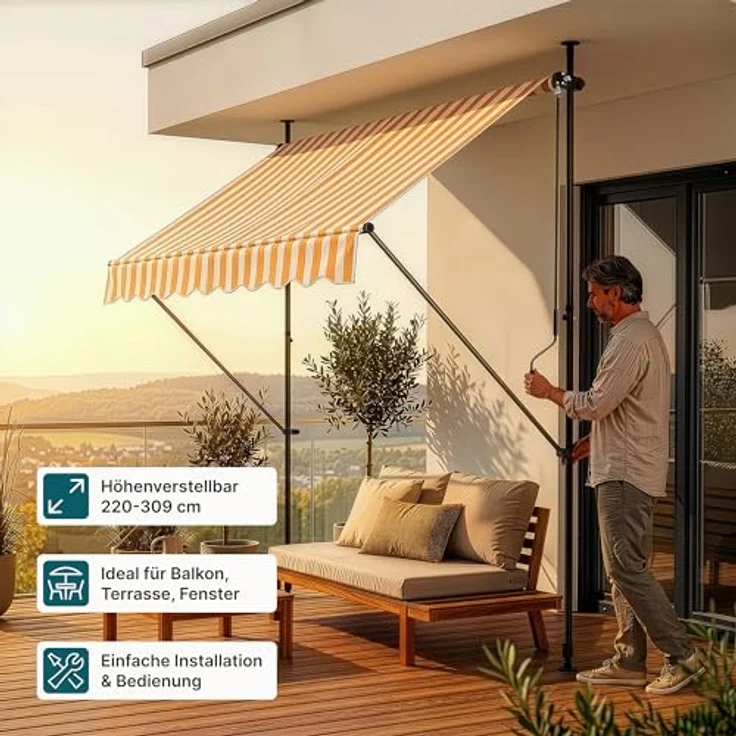 Klemmmarkise Stem 150x120x220-309 cm Gelb / Weiß [pro. tec] – Bild 4