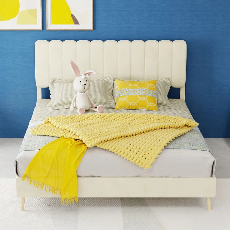 Novelux Modernes Polsterbett 140x200 cm mit weichem Kopfteil – Stabiler Holzbettrahmen aus holländischem Samt Beige, Plattformbett ohne Matratze – Bild 8
