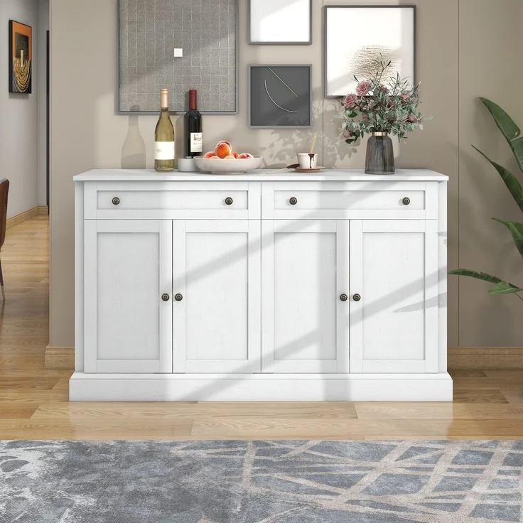 Sideboard Buffetschrank Weiß mit Naturholzplatte, 4 Türen & 2 Schubladen, großer Aufbewahrungsschrank für Küche Wohnzimmer Flur – Bild 3