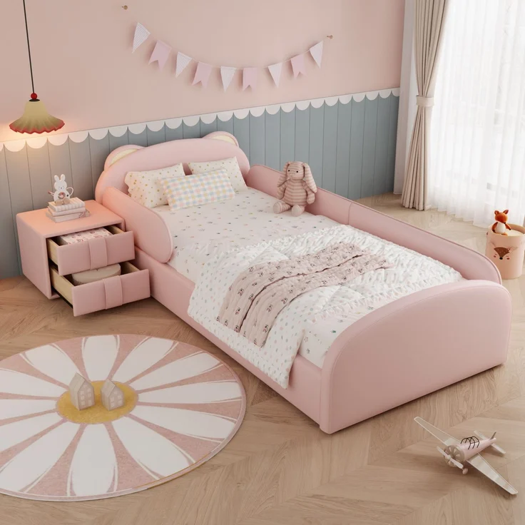 Kinderbett mit Nachttisch, Rausfallschutz und Lattenrost, 90x200 cm, Polsterbett, gepolsterter Kopfteil, Einzelbett, Bezug aus Samt – Bild 1