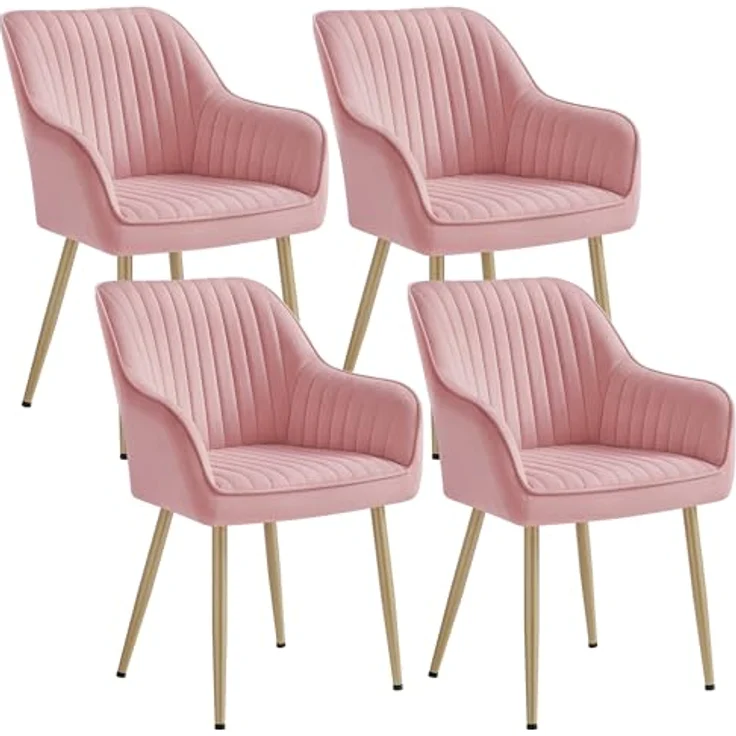 SONGMICS Esszimmerstuhl, 4er Set, Küchenstuhl, Sessel, Samt, Polsterstuhl mit Armlehnen, Loungesessel, bis 120 kg belastbar, Metallbeine, für Esszimmer, Küche, pastellrosa-blassgold LDC087R14 – Bild 2