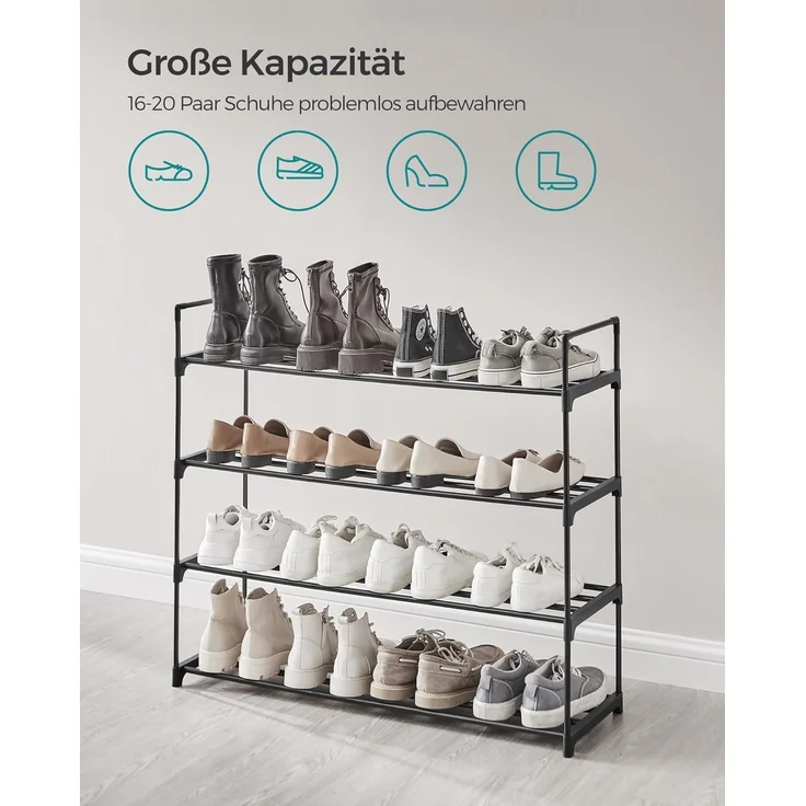 Songmics Schuhregal 4 Ebenen, 2er Set, Schuhständer Metall, Schuhaufbewahrung, Schuh-Organizer für 16-20 Paar Schuhe, stapelbar, für Flur Wohnzimmer Schlafzimmer, 30 x 92 x 74 cm, schwarz LSA08BK – Bild 3