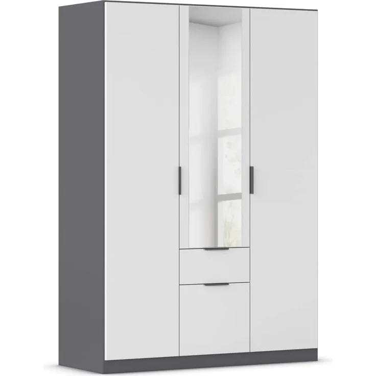 Rauch Möbel Glasgow Drehtürenschrank, Kleiderschrank, Schrank, Garderobe 3-türig, 1 Spiegeltüre, 2 Schubladen, Farbe Weiß/Grau metallic, Griffprofil Grau metallic, 136 x 197 x 54 cm