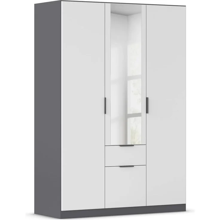 Rauch Möbel Glasgow Drehtürenschrank, Kleiderschrank, Schrank, Garderobe 3-türig, 1 Spiegeltüre, 2 Schubladen, Farbe Weiß/Grau metallic, Griffprofil Grau metallic, 136 x 197 x 54 cm – Bild 1