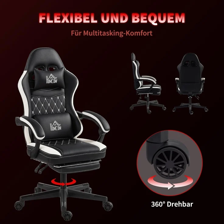 HOMCOM Gaming Stuhl Ergonomischer Gamer Stuhl mit Lendenwirbelstütze, Fußstütze, Höhenverstellbar Gaming Sessel mit Kopfkissen, Liegefunktion Bürostuhl mit Diamantgenähtem Muster Kunstleder Grün – Bild 6