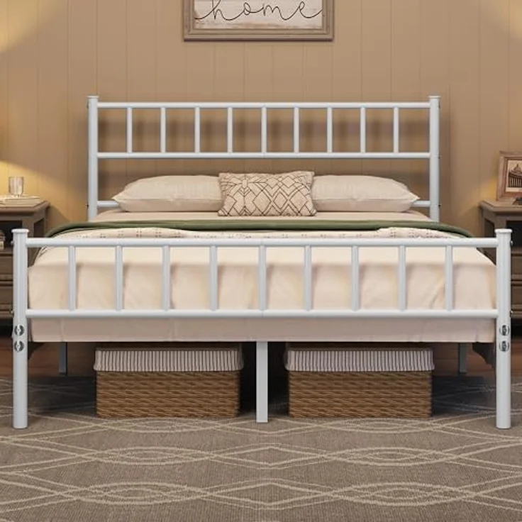 Yaheetech Metallbett 140x200 cm Bettrahmen mit Kopfteil Bettgestell aus Metall Gästebett mit Lattenrost für Schlafzimmer Gästezimmer Weiß – Bild 5