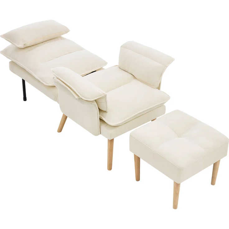 Merax Relaxsessel mit Hocker, 5-fach verstellbarer Liegesessel, gepolsterter Lesesessel & Fernsehsessel mit Kopf- und Armlehnenkissen, Polstersessel mit Holzbeinen, Beige – Bild 9