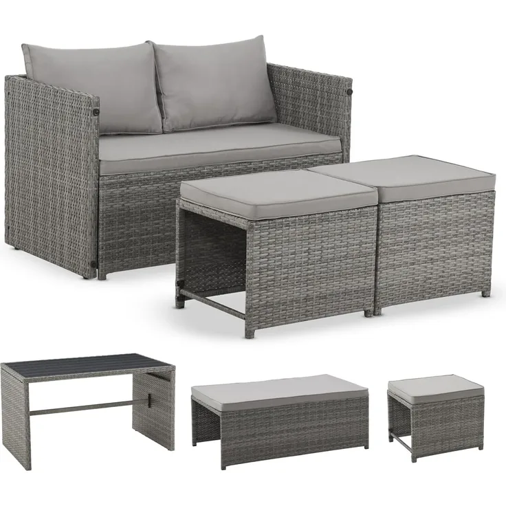 Juskys 'Jamaika' 2in1 Relax Gartenmöbel Set - Tisch, Gartenlounge Sofa, Polyrattan Grau