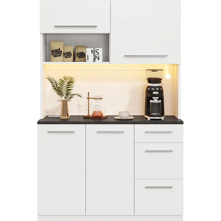 Merax Buffetschränke, Esszimmer-Hochschrank 120×40×180 cm, mehrstufigem Stauraum, integrierter Steckdose sowie USB-C- und USB-A-Anschlüssen,Mit farbigem Lichtstreifen, Weiß – Bild 10