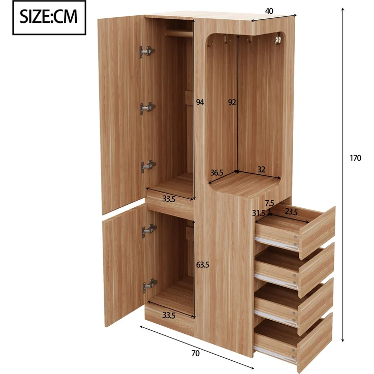 CHICFURN Kleiderschrank 70x170x40 cm aus Holz mit 4 Schubladen und offenem Hängefach Naturholz – Bild 10