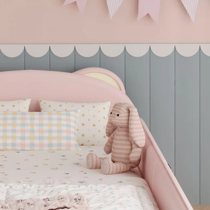 Kinderbett mit Nachttisch, Rausfallschutz und Lattenrost, 90x200 cm, Polsterbett, gepolsterter Kopfteil, Einzelbett, Bezug aus Samt – Bild 4