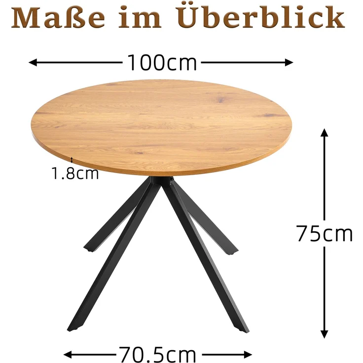 GOEURVANT 1001 Esstisch rund Ø 100 cm, Küchentisch in Wildeiche-Optik mit schwarzem Metallgestell – Bild 4