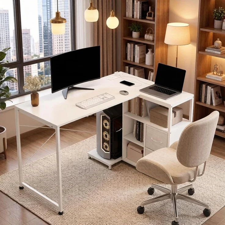 Ecke Schreibtisch,Bürotisch mit Stromanschluss,Umkehrbares Rechteck Design Bürotisch(nur mit Schreibtisch)--Weiß--80x120x76cm--YOUDENOVA – Bild 1