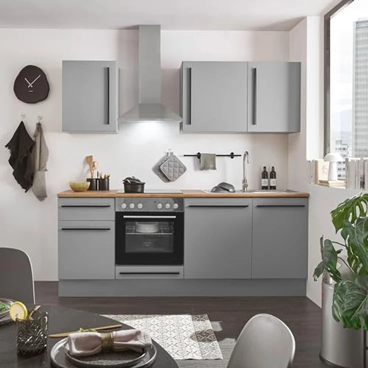 Denver Moderne Küchenzeile ohne Elektrogeräte in Grau, Lancelot Eiche Optik - Geräumige Einbauküche mit viel Stauraum - 220 x 211 x 60 cm (B/H/T) – Bild 4